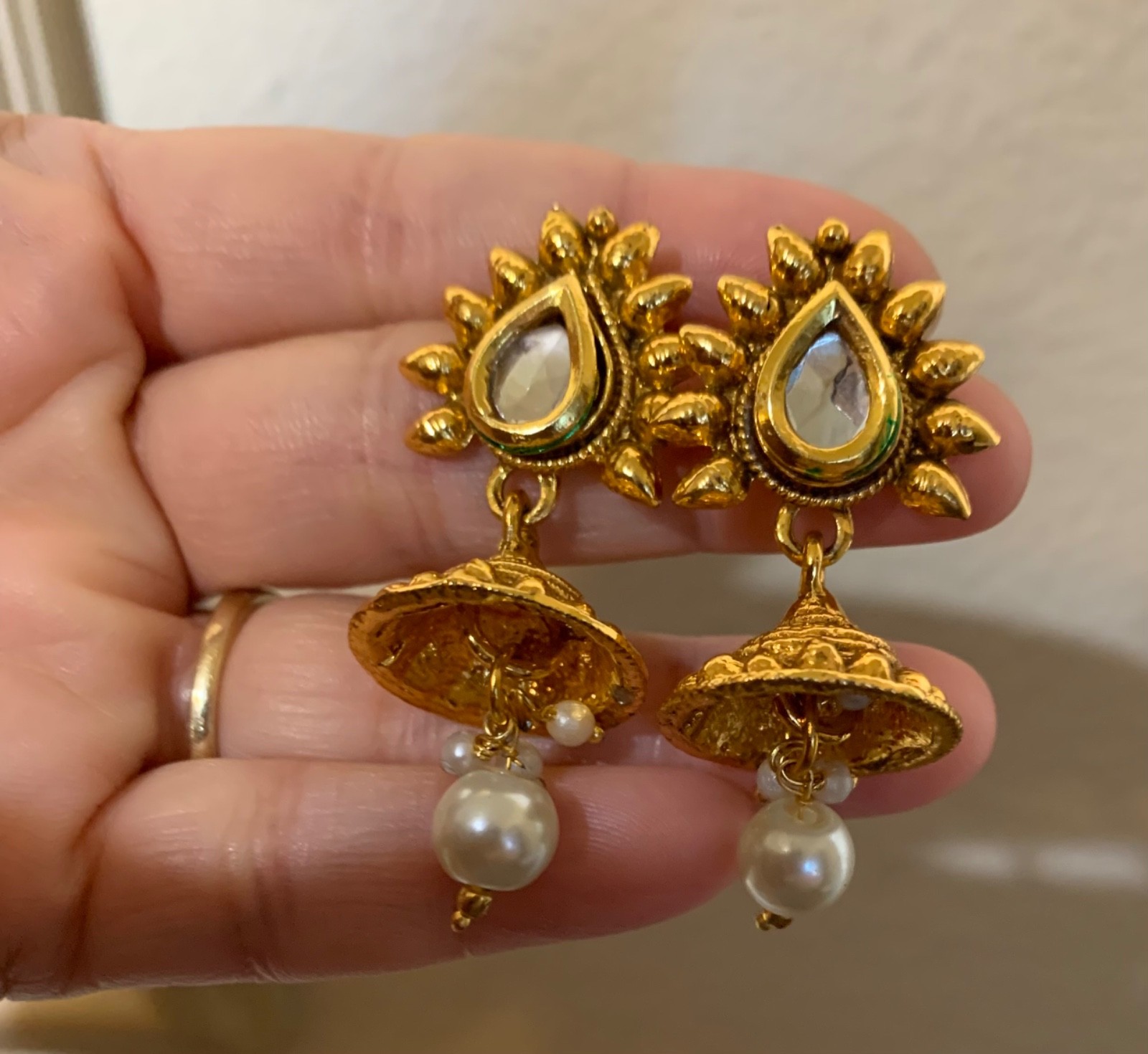 Traditional gold plated pearl necklace and earring set
