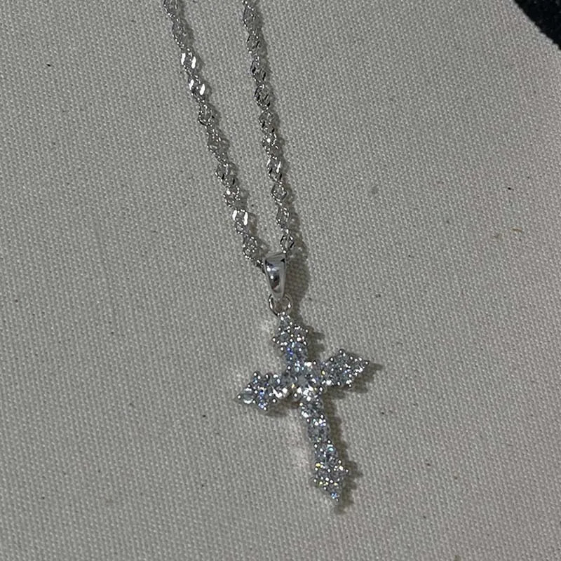 Shiny Crystal Zircon Cross Pendant Necklace for Women Girls Punk Silver Color Th