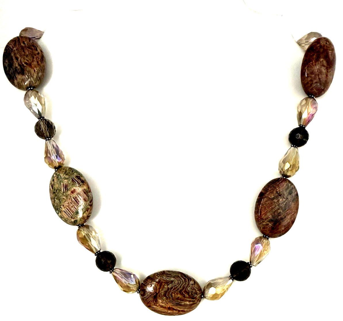 DONNA DRESSLER 17″ Chunky Brown/Orange Agate & Crystal 925 Sterling Necklace