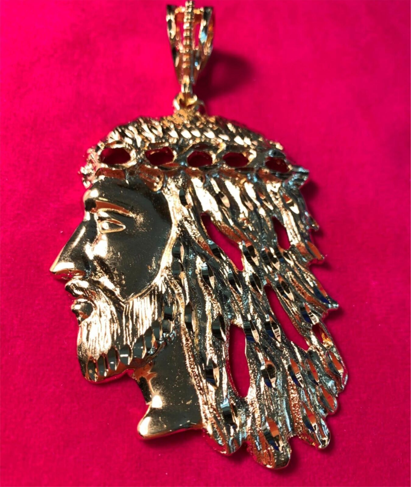 14 KT GOLD PLATED OVER 4 INCHES HIGH JESUS FACE CHARM & 16″-30″ 5MM ROPE-8502