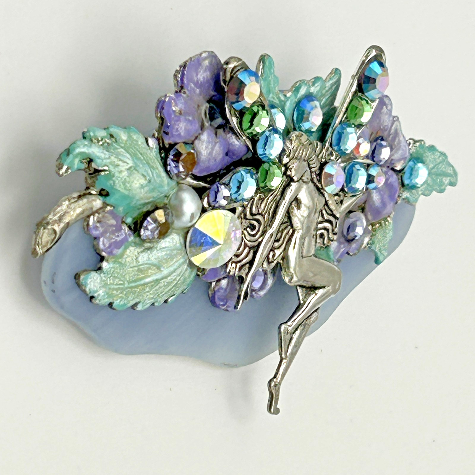 Fantasy Fairy Brooch AB Rhinestone Wings Flowers Leaves Whimsical Jewelry 2.5in
