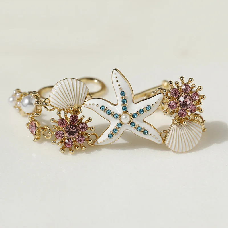 Boho Starfish Shell Coral Pearl Pendant Necklace For Women Shiny Crystal Zircon
