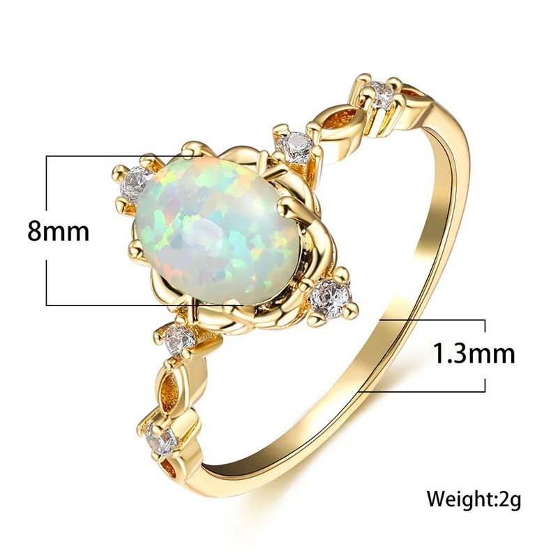 Gold Silver Color Opal Oval Stone Engagement Ring Crystal Wedding Band Women