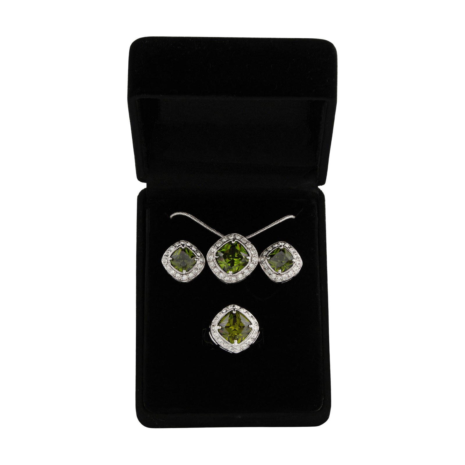 Green Peridot Silver Tone Rhodium Plated Pendant, Earring & Ring Set (Size 6)