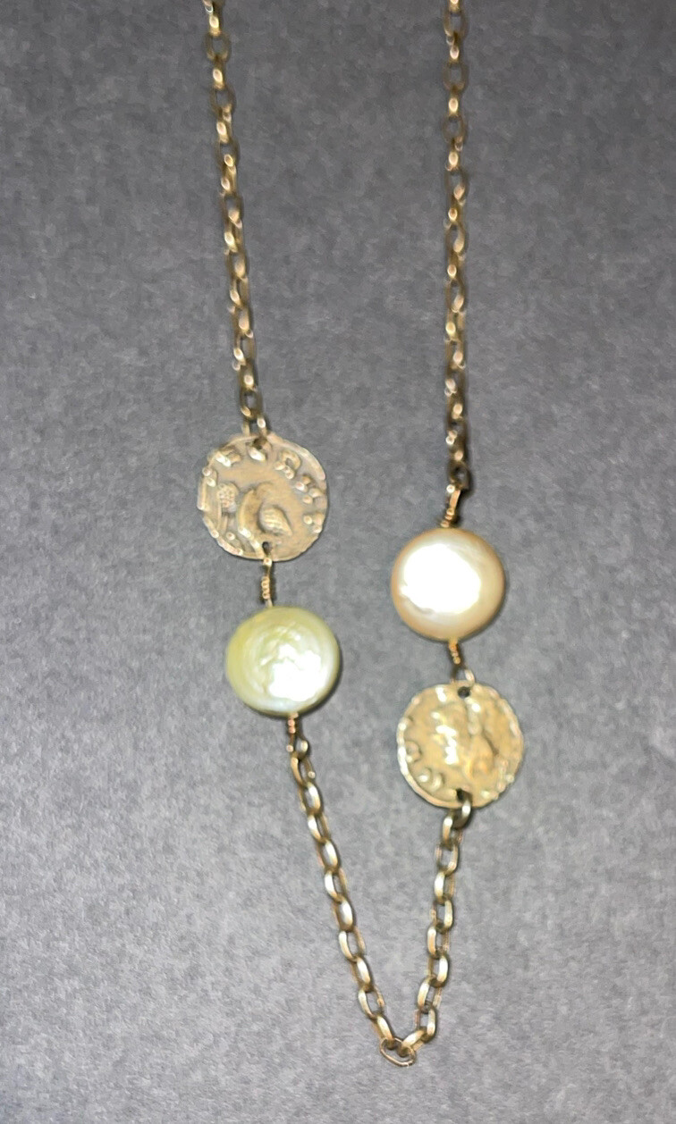 Tat 2 925 Sterling Silver Chain Coin Pearl Necklace Togo 26.3 gr