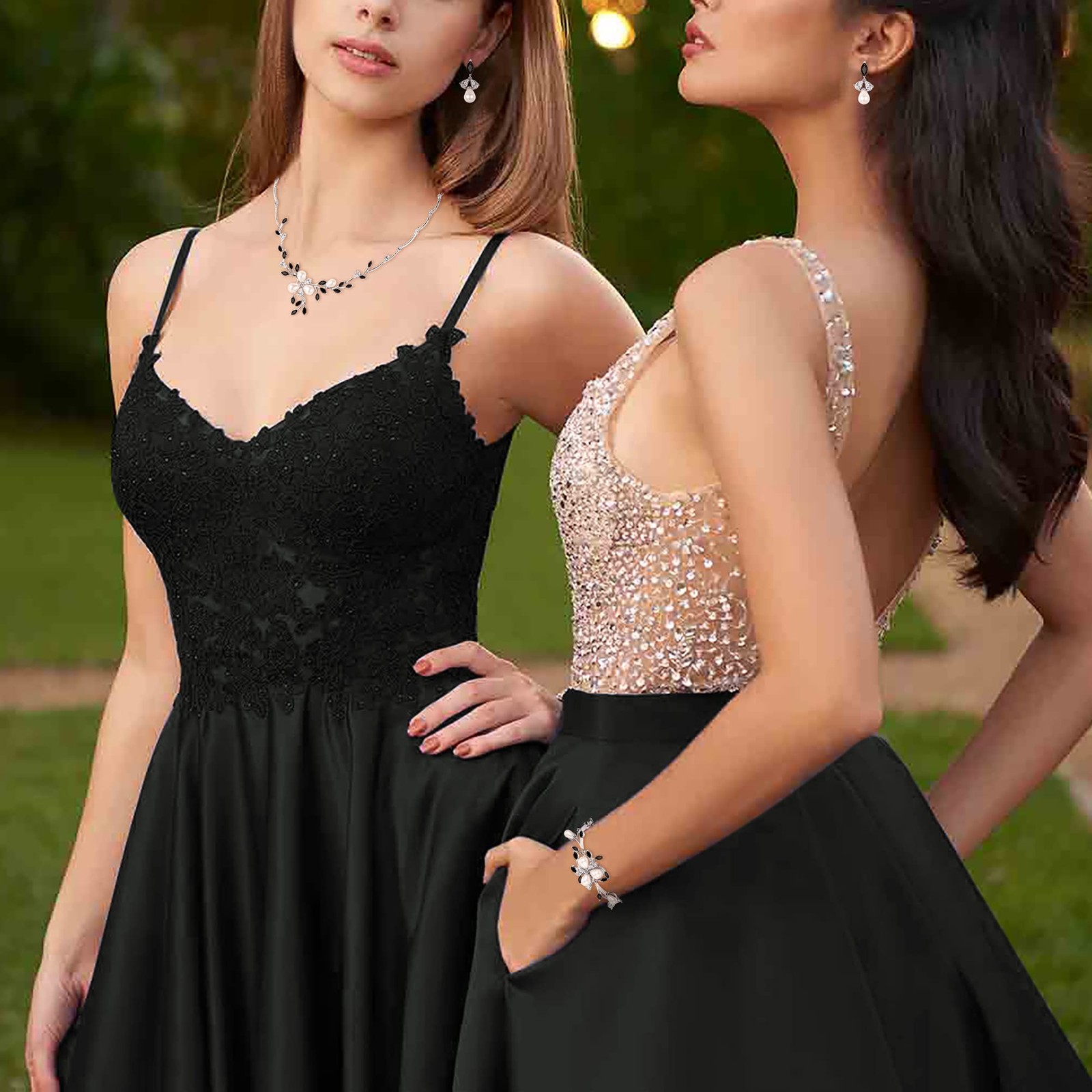 Party Prom Cubic Zirconia Jewelry Set, Simulated Pearl Black Marquise Flower …