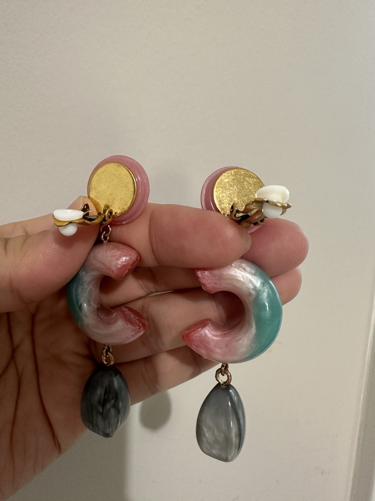 Pink & Mint Marbled C-Shaped Clip-On Earrings Statement Dangle Earrings