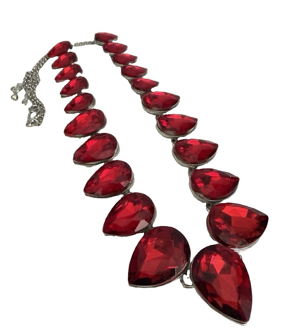 Unsigned Silver Tone Chunky Red Crystal Teardrop Fashion Statement Necklace