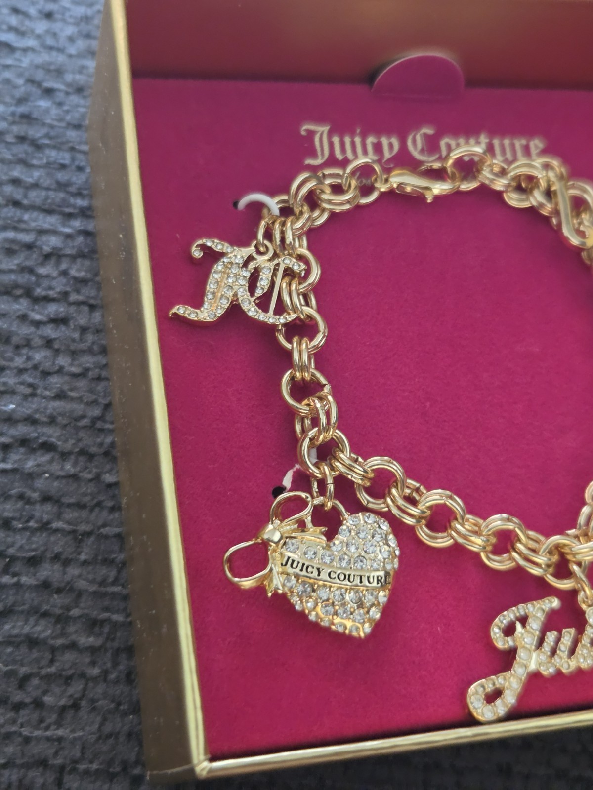 Juicy Couture Gold Tone Charm Bracelet Crystal Dangle Adjustable Fashion