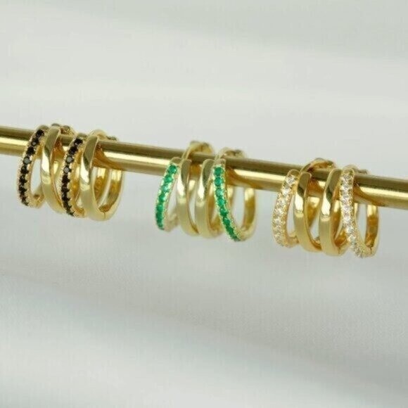 Everyday Huggie Earrings Double Huggies Gold CZ Pave Dainty Small Gold Hoops