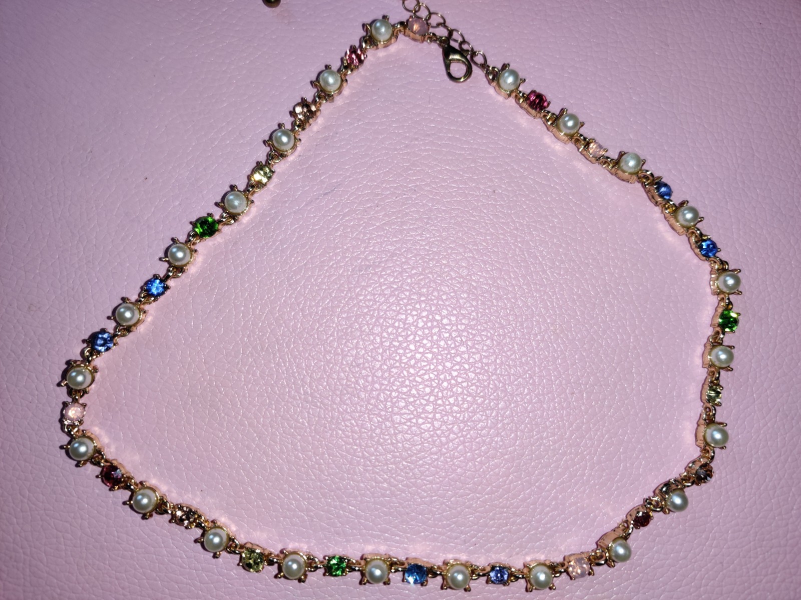 Gold Tone Chain Necklace White Pearl & Multicolor Crystal Adjustable