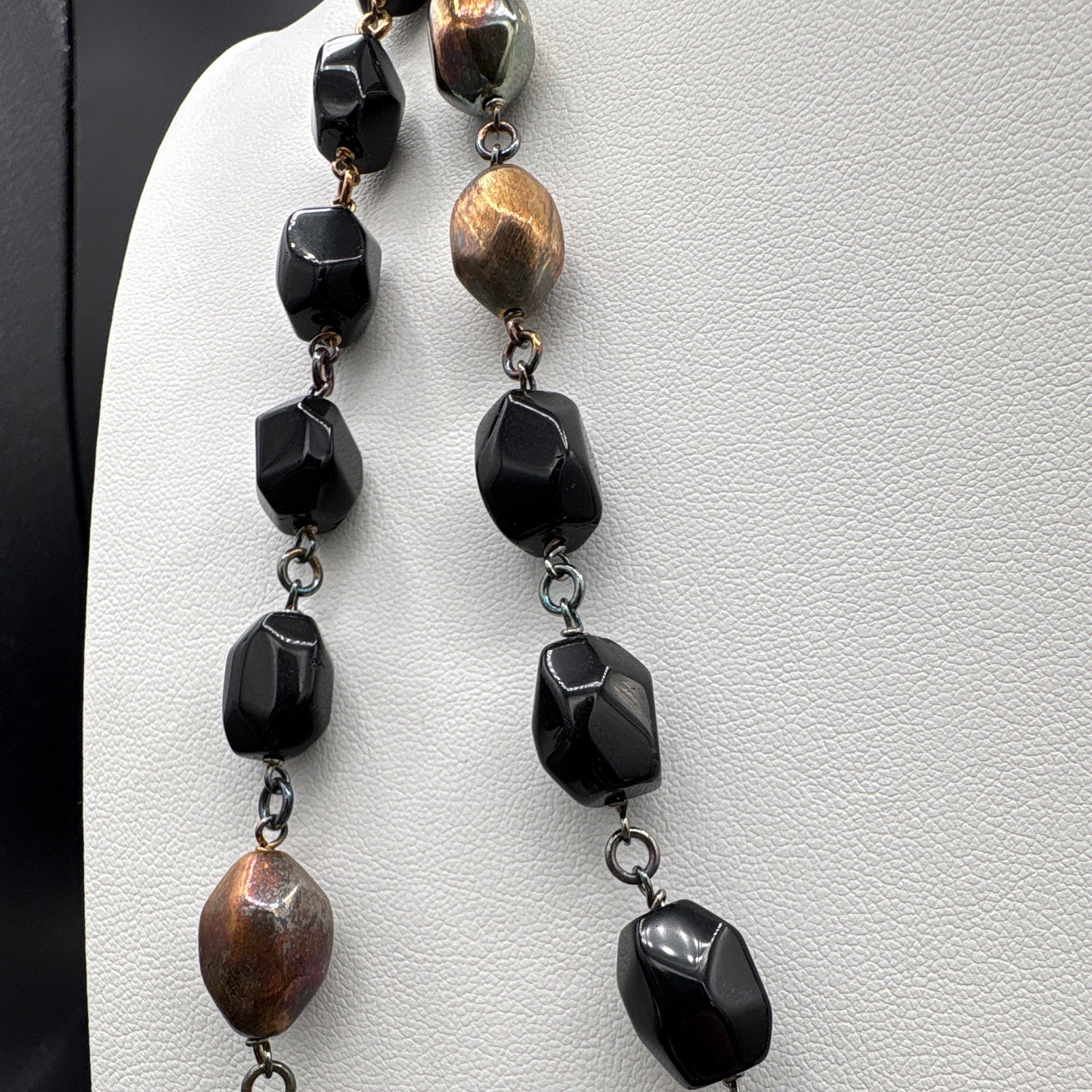 Black & Brown Beaded Link Chain Necklace 925 Sterling Italy Magnetic Clasp