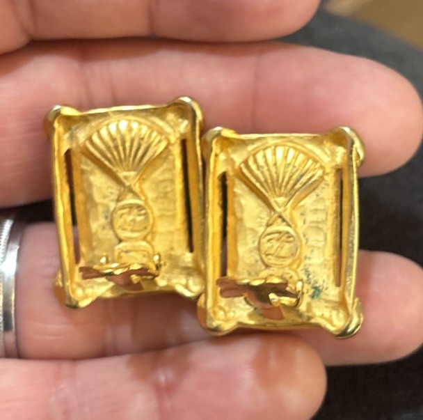 Vintage Karl Lagerfeld Gold Plated Orange Marbled Resin Clip On Earrings