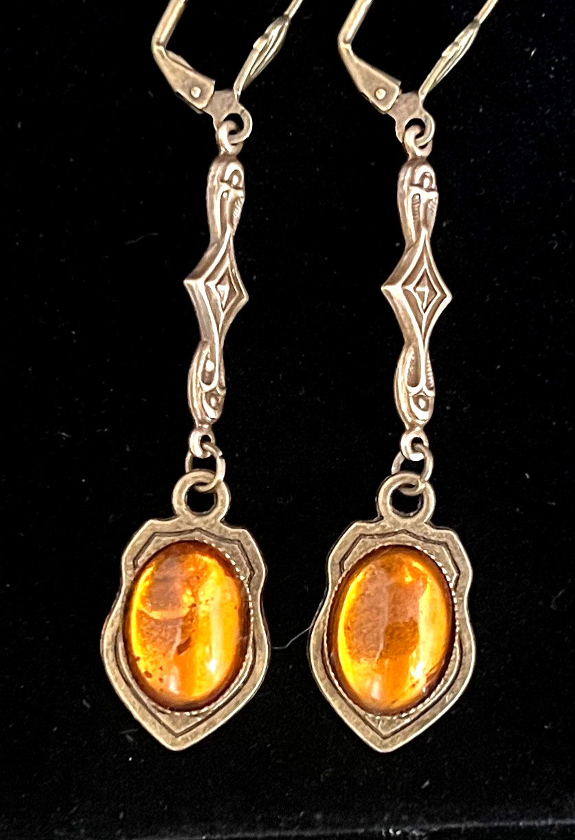 Victorian Revival Earrings Long Gothic Drops W Antique Amber Czech Glass