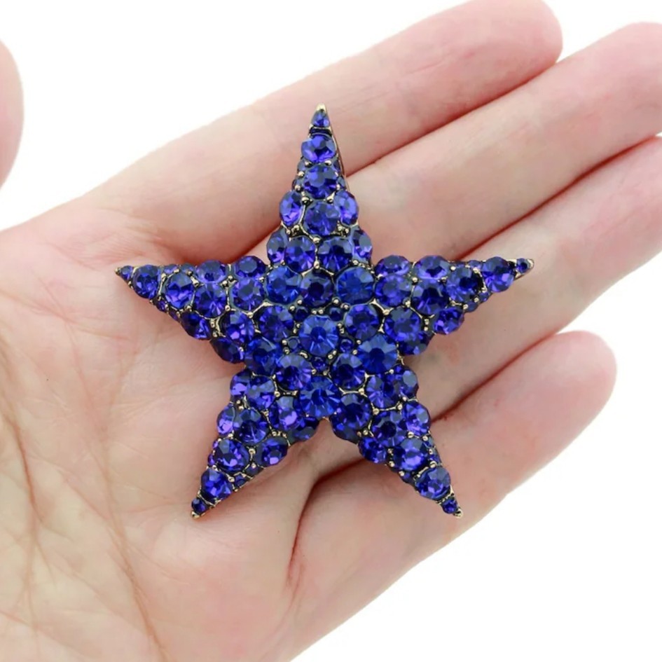 BLUE CRYSTAL RHINESTONE GOLD STAR PIN BROOCH PENDANT~CHRISTMAS HOLIDAY GIFT