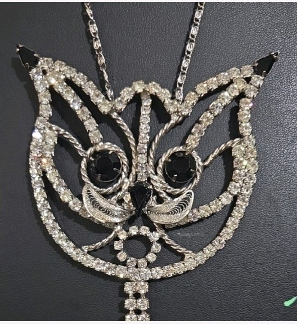 Rare Huge Vintage Unsigned Alice Caviness Rhinestone Cat Necklace