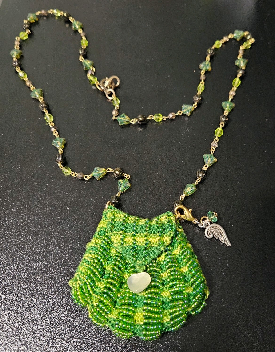 Green Glass Beaded Pendant Necklace w/ Angel Charm, Beaded Chain, Hook