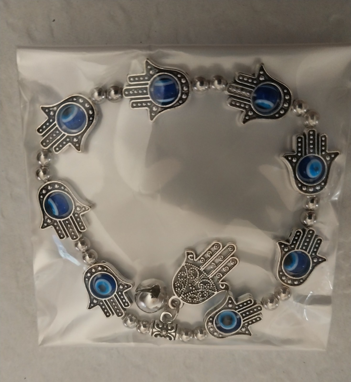 Plata 925 Silver Tone Blue Hamsa Theme Beaded Charm Bracelet, Lobster Clasp,