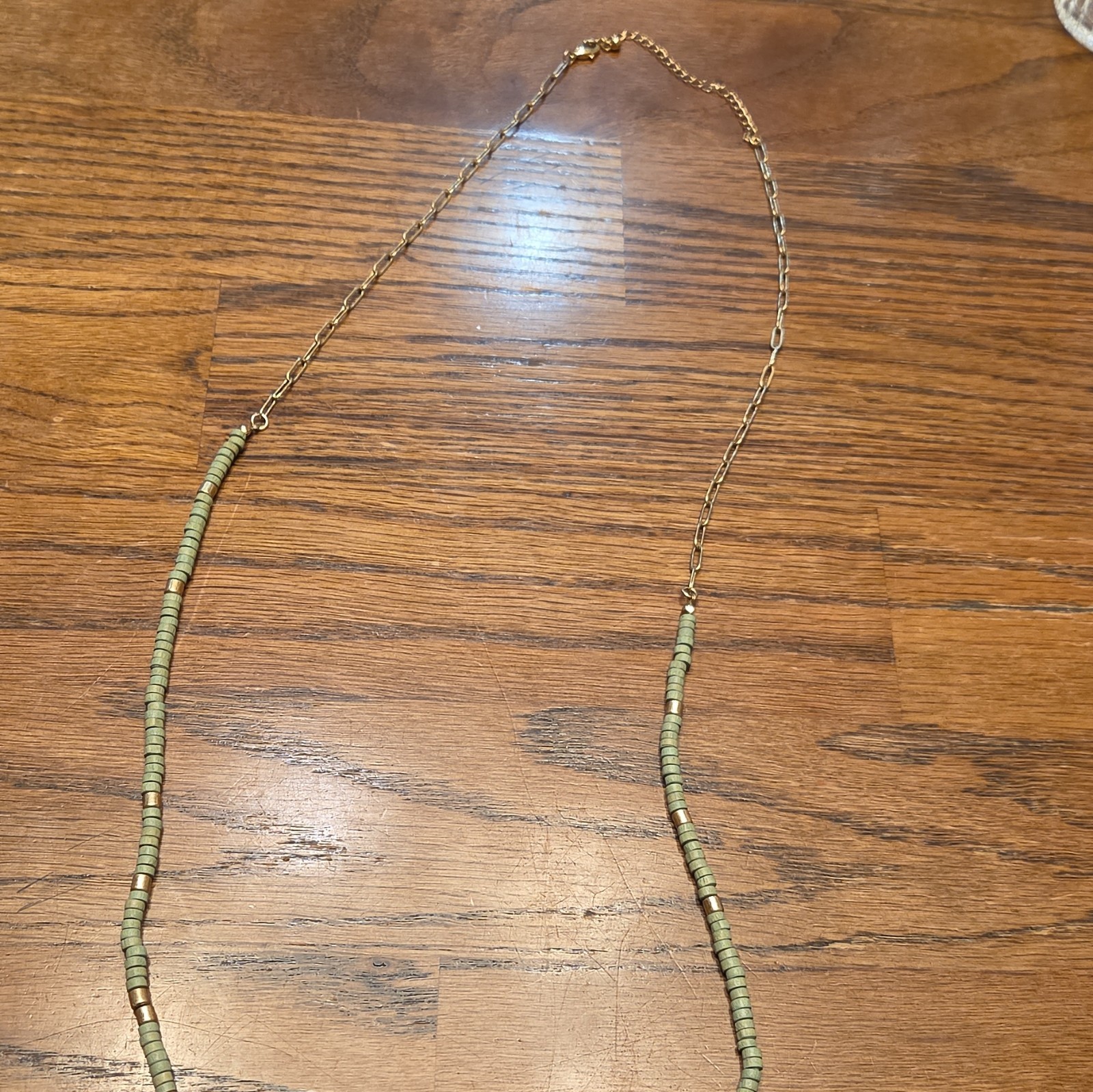 Green Beaded Necklace, Gold Tone Link Chain, Adjustable Lobster Clasp