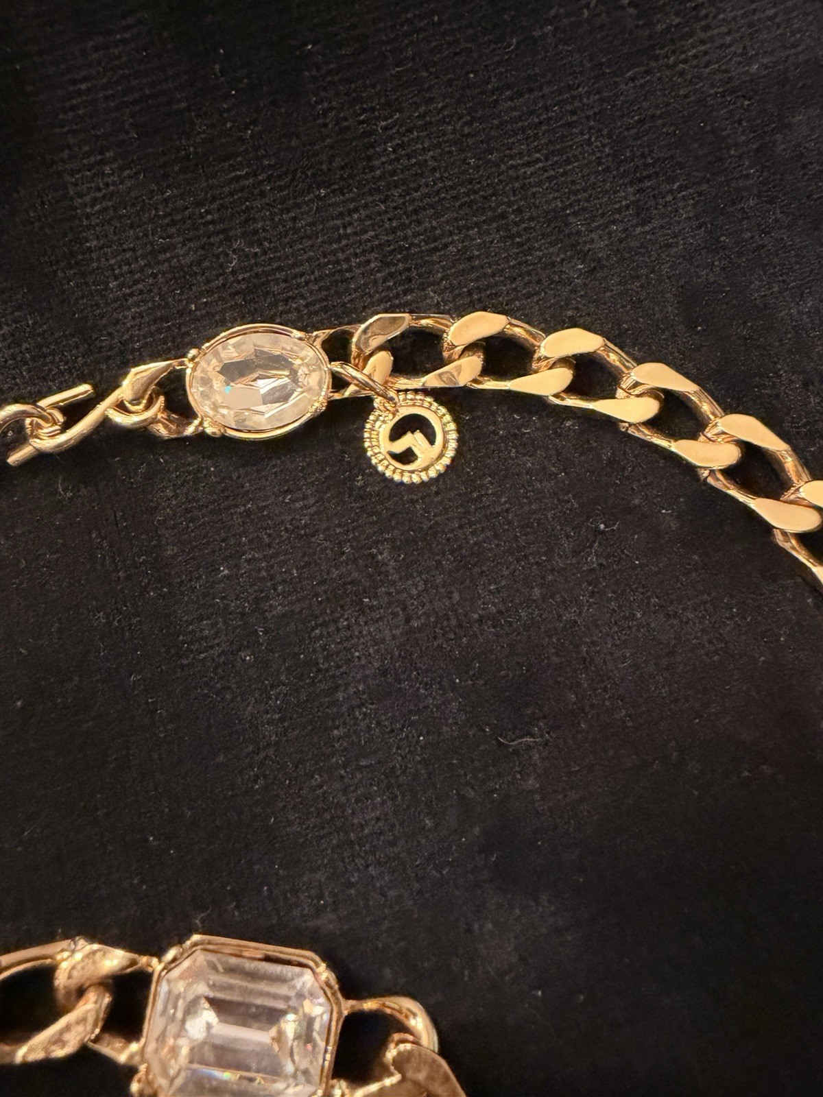Vintage St. John Couture 50″ Crystal Station Curb Chain Necklace Belt SJ Crest
