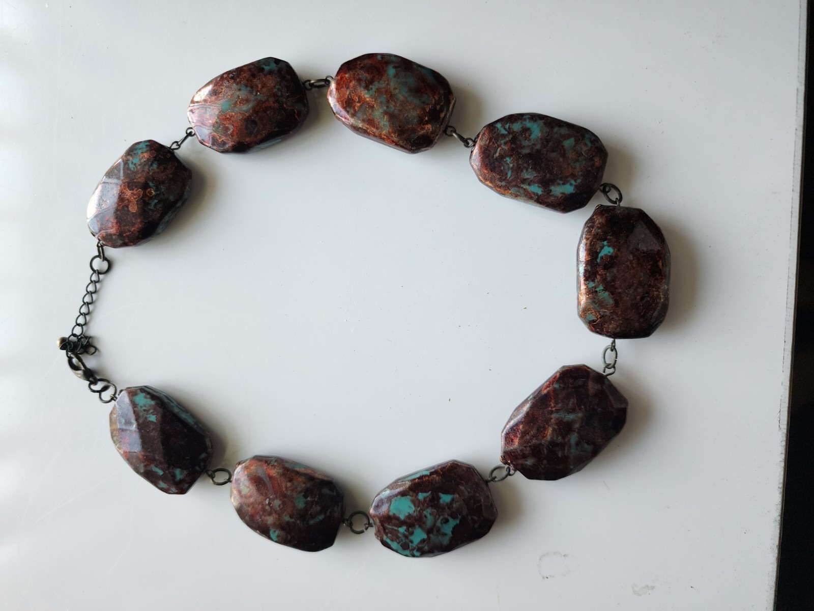 Brown & turquoise Stone-like Beaded Necklace spring ring Clasp 17-19 in