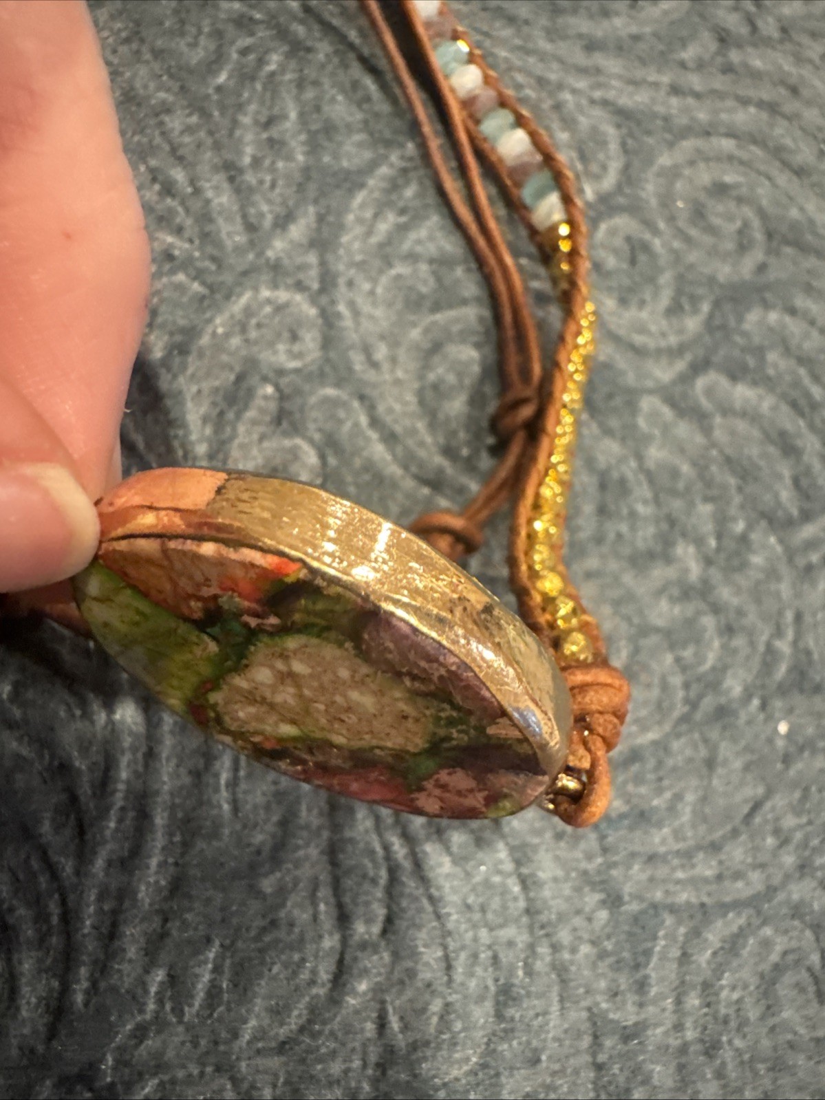Leather And Mixed Stone Wrap Gold Tone Wrap Bracelet