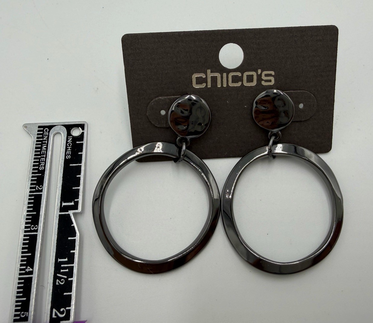 Chico’s 2” Gunmetal Gray Drop Dangle Hoop Post Earrings NWT