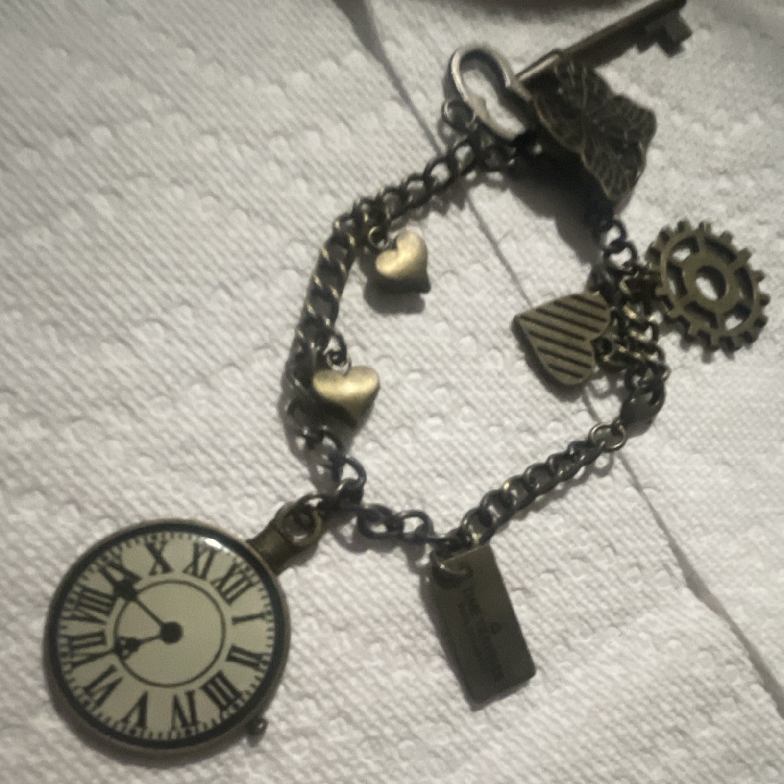 Time Turner Bronze Tone Steampunk Charm Chain Bracelet Clock Key Heart Lobster