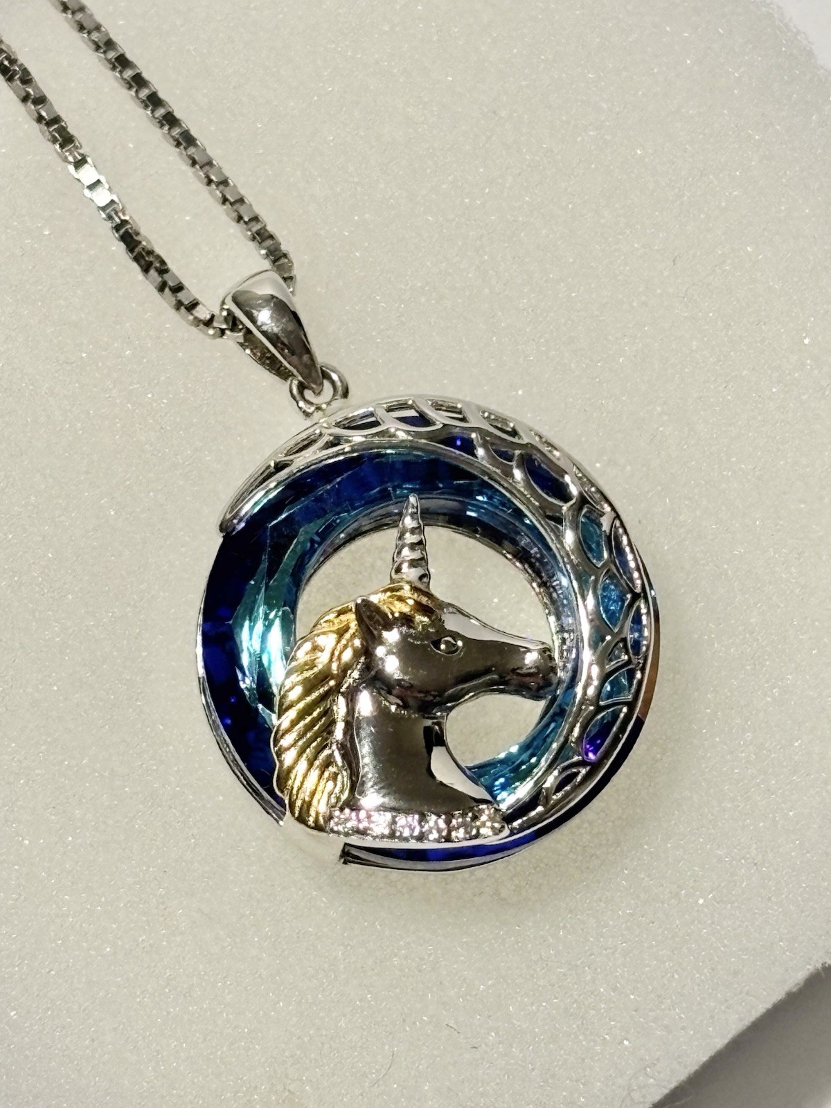 925 Sterling Silver Blue Crystal Unicorn Charm Pendant Box Chain Lobster Clasp