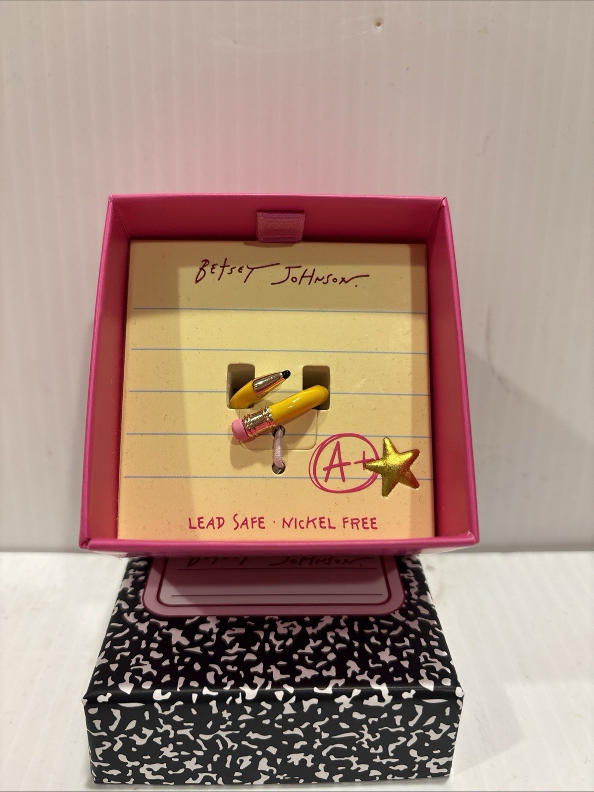 Betsey Johnson Curved Yellow Pencil & Pink Eraser Wrap Ring Size 7.5 NWT & Box
