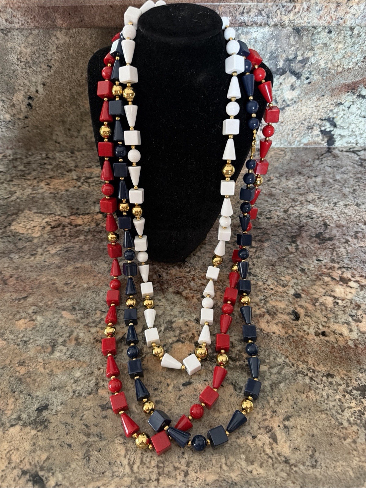 Trifari Opera Necklace Red White Blue Geometric Lucite Beads Gold Tone 3 Strand