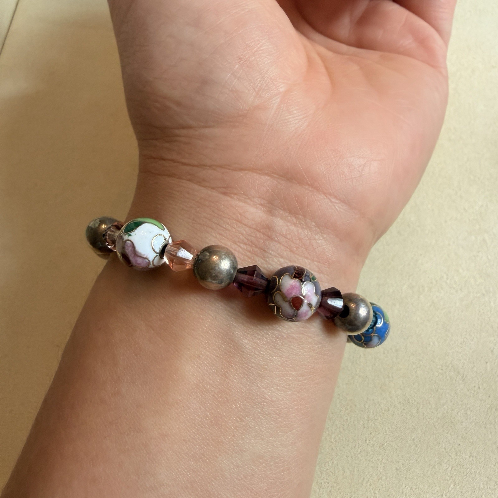 Vintage Cloisonne Bead Bracelet 925 Sterling Silver Toggle Floral Enamel 6.5”