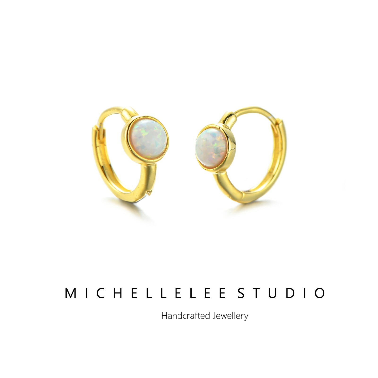 Minimalist White Opal Huggie Hoop Earrings in Sterling Silver