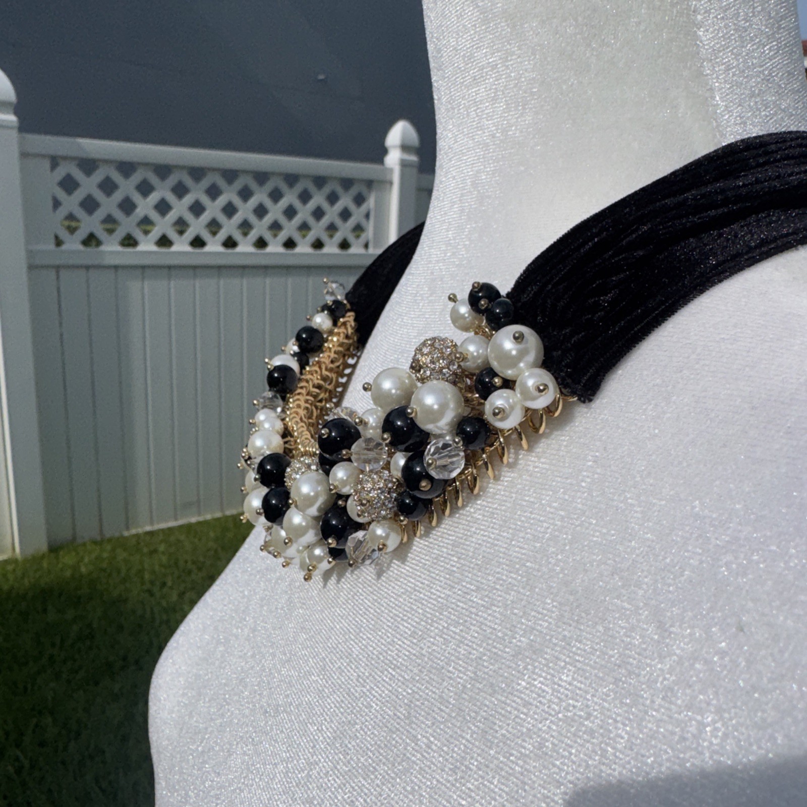 Talbots Black Velvet Gold Tone Faux Pearl CZ Beaded Cluster Necklace 21″ NWT