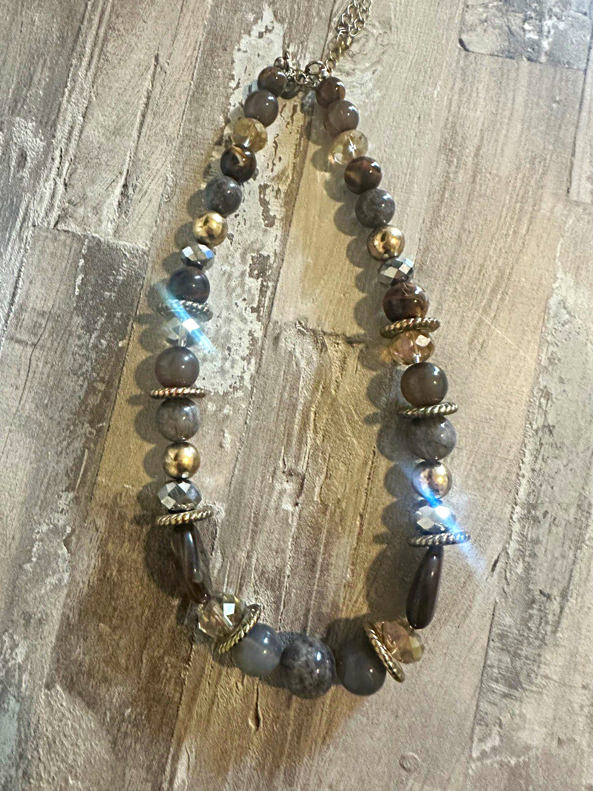 Gray Silver Beaded Necklace Stone & Metal Spacers, Lobster Clasp, Adjustable