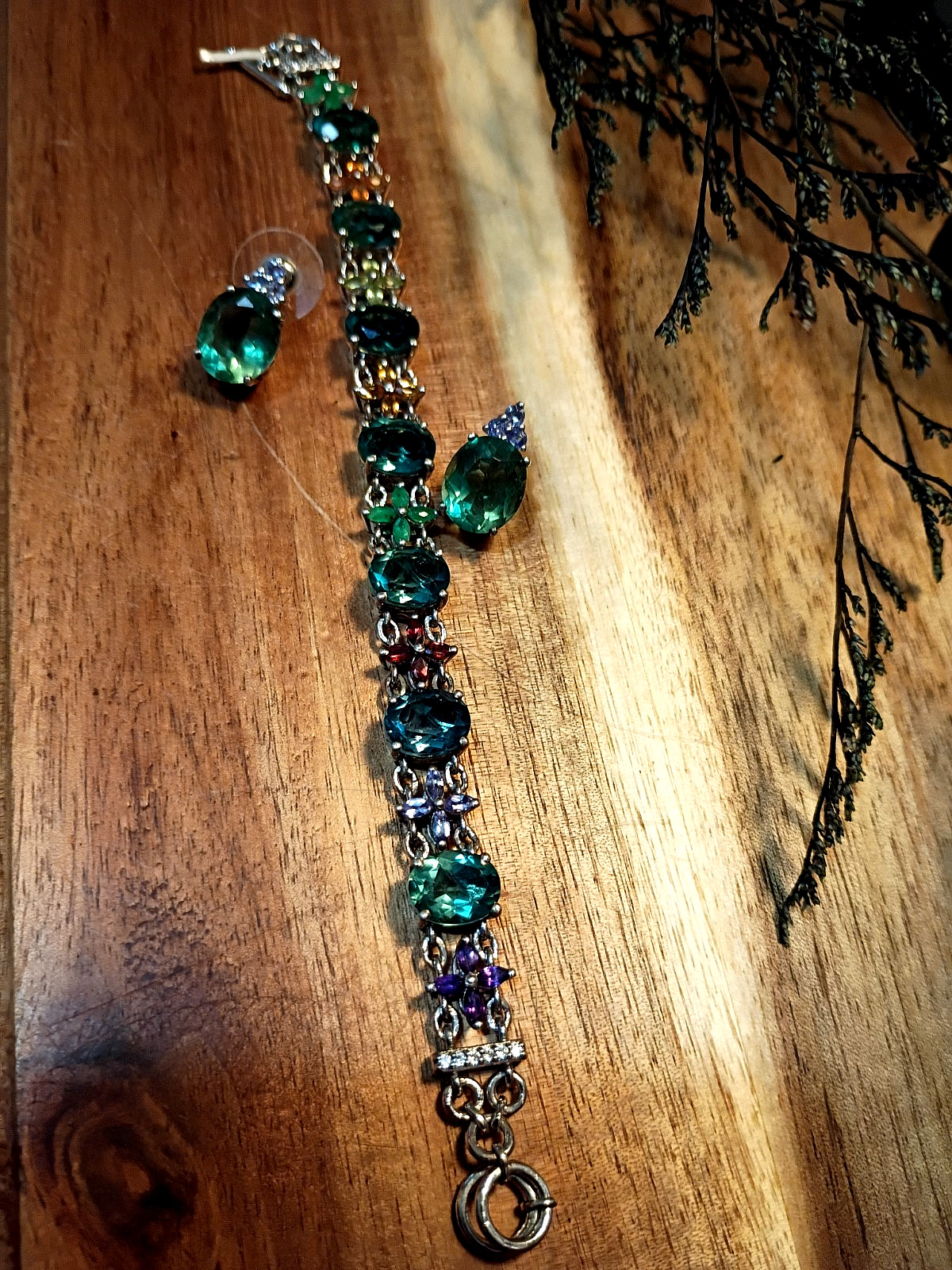 Sterling Silver 925 (STS) Teal Peacock Quartz Multi Gemstone Bracelet & Earrings