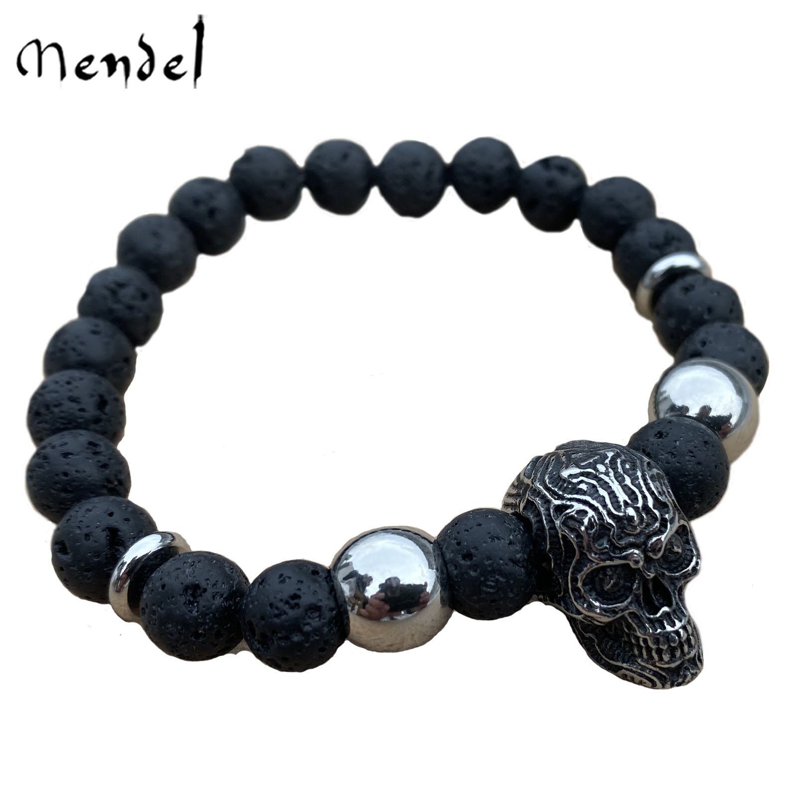 MENDEL 7 Inch Mens Lava Stone Rock Beads Skull Biker Cuff Bracelet Men Stainless