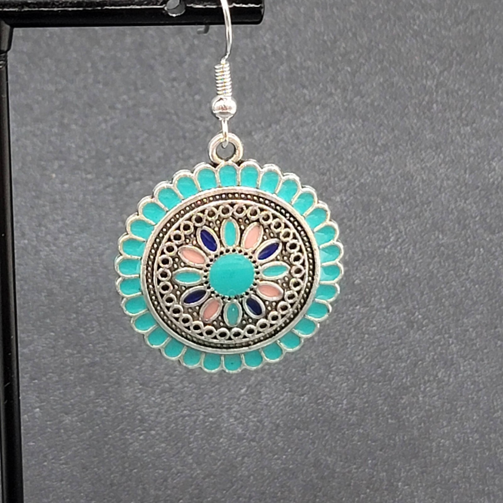 Pierced Earrings Silver tone Enamel Medallion Round Dangle Multicolor 1″