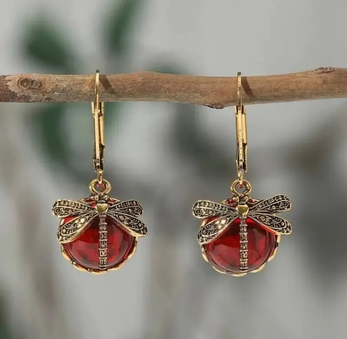 Bohemian Boho Retro Dragonfly Burgundy Red Faux Crystal Earrings Trendy Gift NEW