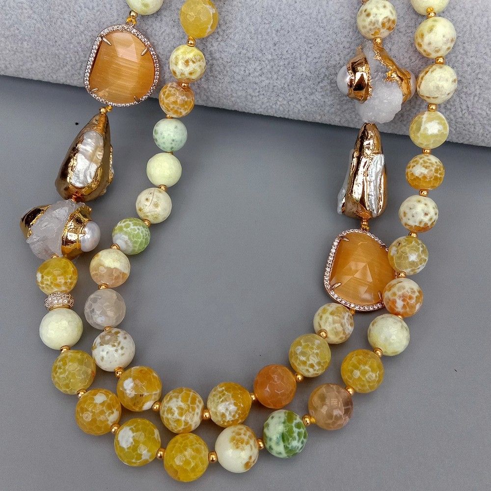 2 Rows Yellow Faceted yellow Agate Druzy White Biwa Pearl Crystal Necklace