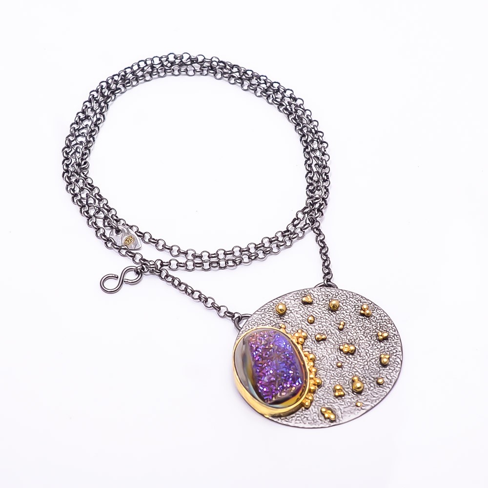 Purple Titanium Agate Drusy Black And Gold Rhodium 925 Silver Necklace 19.99″N43