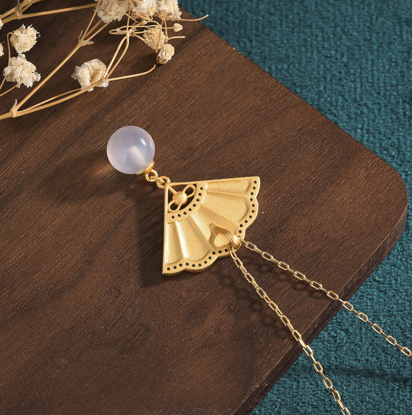1.2″Jade Jewelry Cloisonne Fan Charm Pendant with Chain Necklace 18K Gold Plated