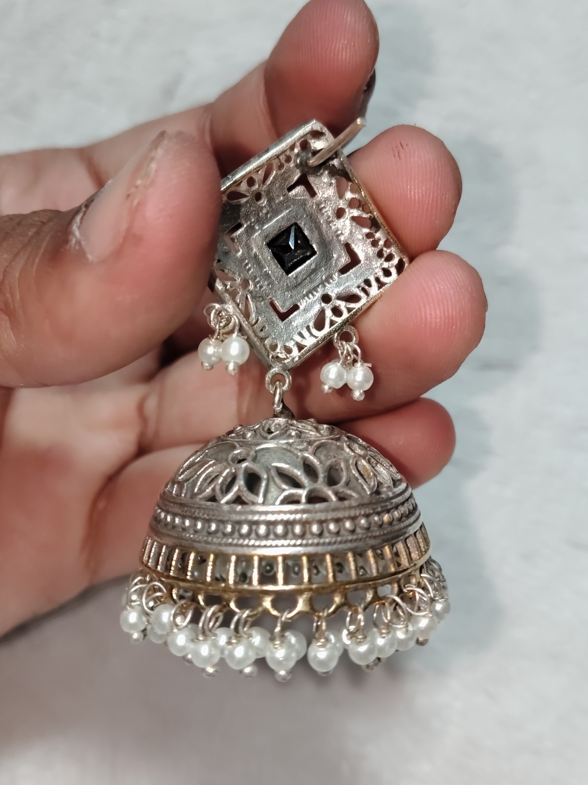 Zubi Handcrafted Silver Jhumka Earrings with Black Square Pearl Roz Jeweller.