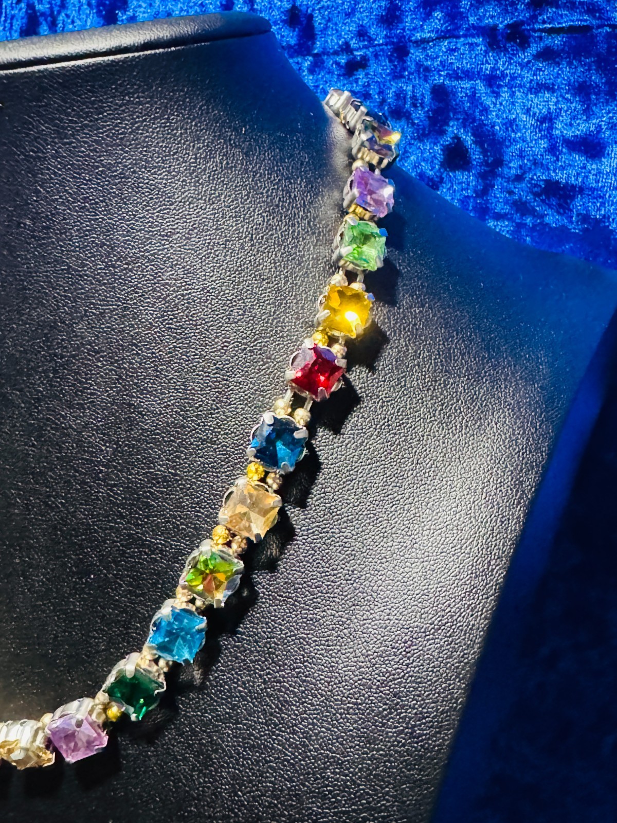 Multi-Colored 10mm Square Rhinestone Necklace Platinum Color Plating Durable 16″