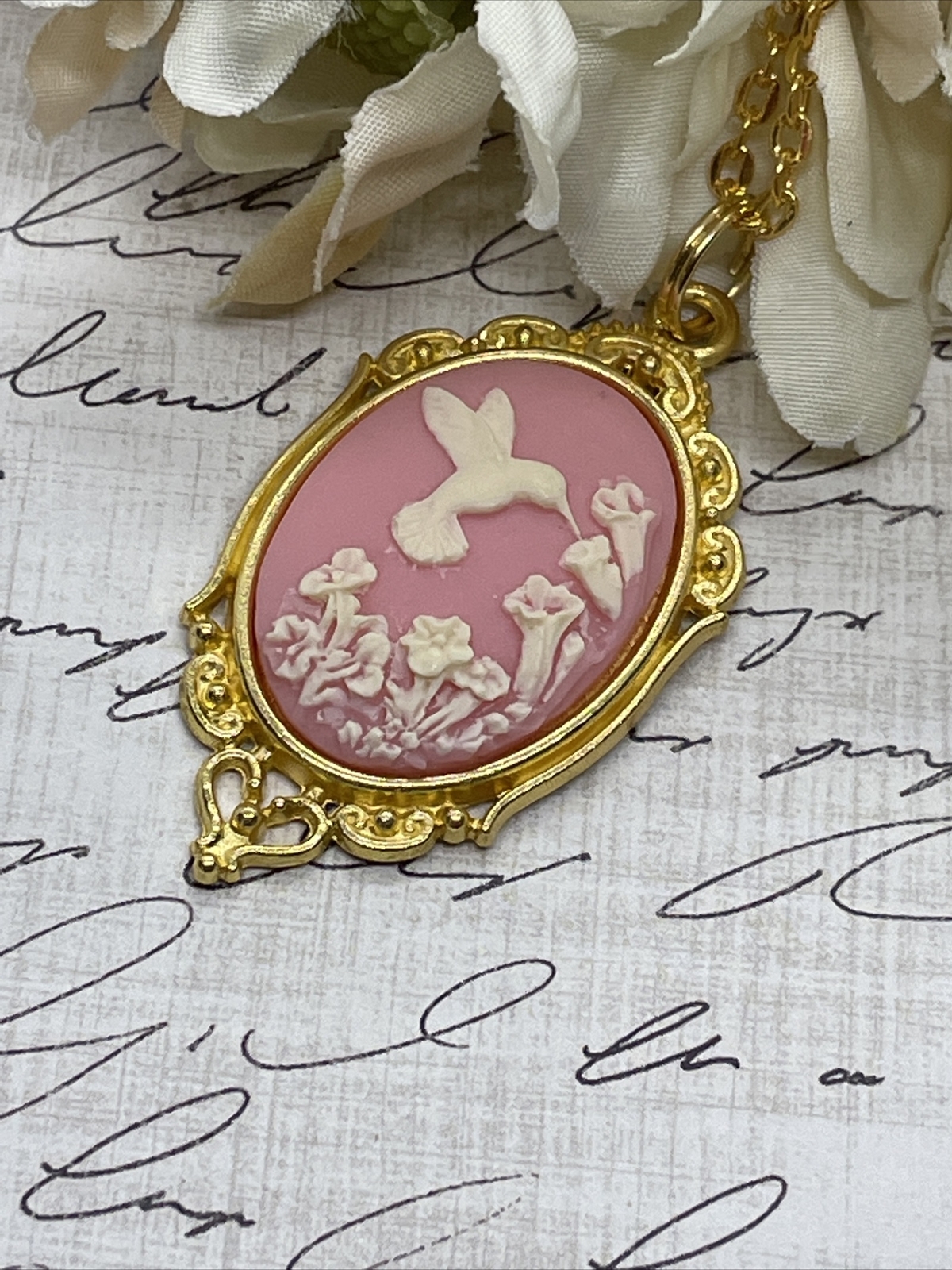 PINK Hummingbird Necklace Heart Cameo Mom Daughter Gold wedding JEWELRY Easter