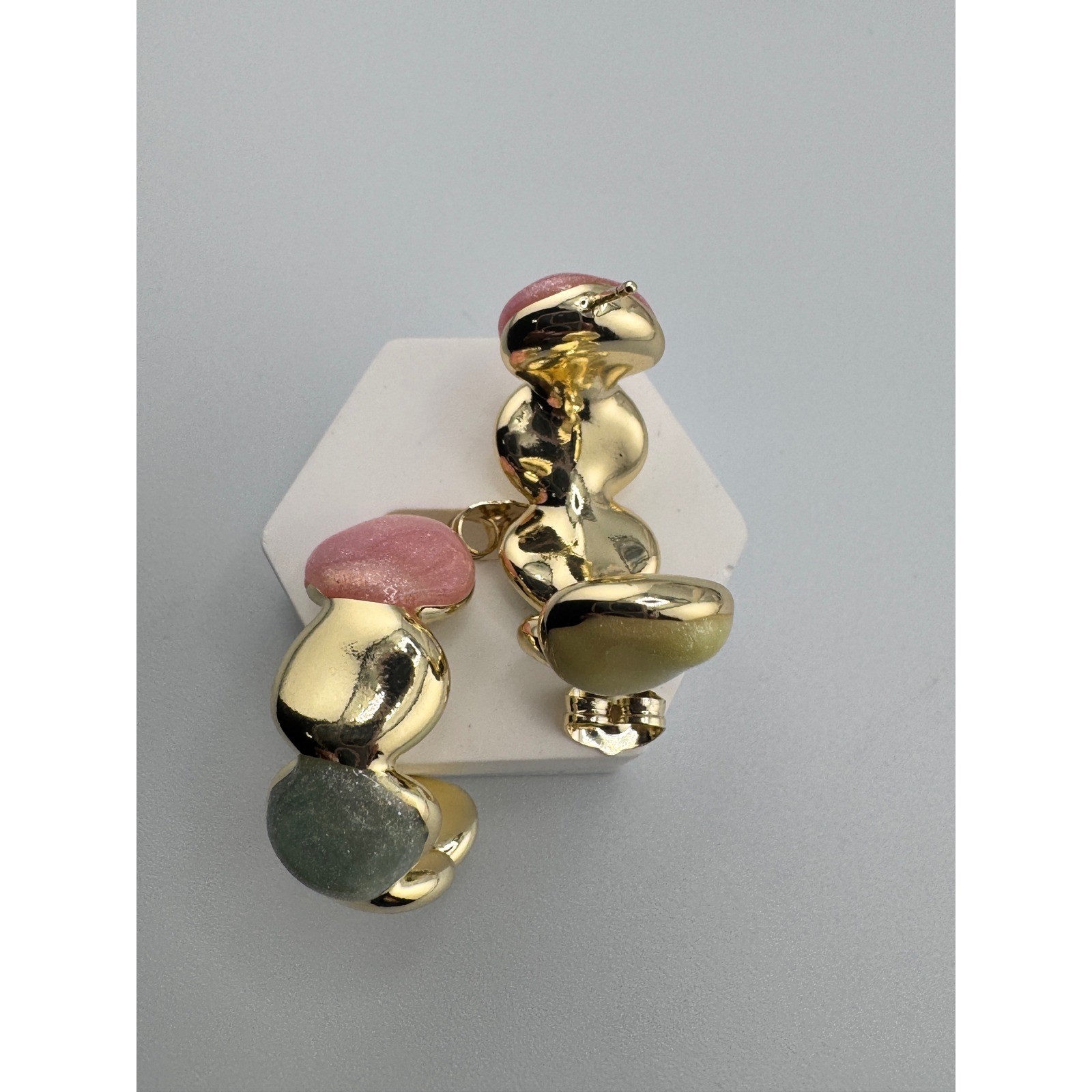 New 14K Gold Plated Pink Green Resin Wavy Organic Hoop Earrings Statement