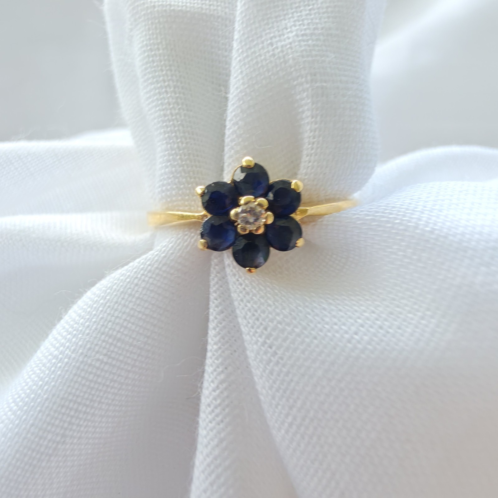 14k Solid Sapphire & Diamond Flower Cluster Ring Sz 6.5 Vtg Ring Everyday Wear