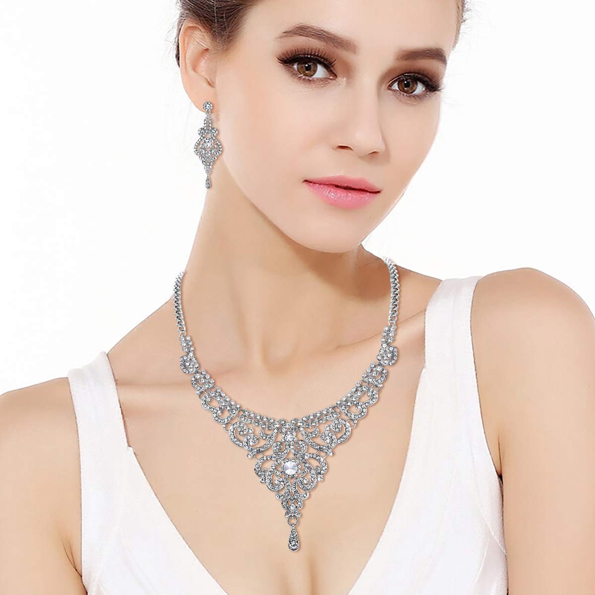 Bridal Silver-Tone Vase Flower Clear Austrian Crystal Necklace Earrings Set