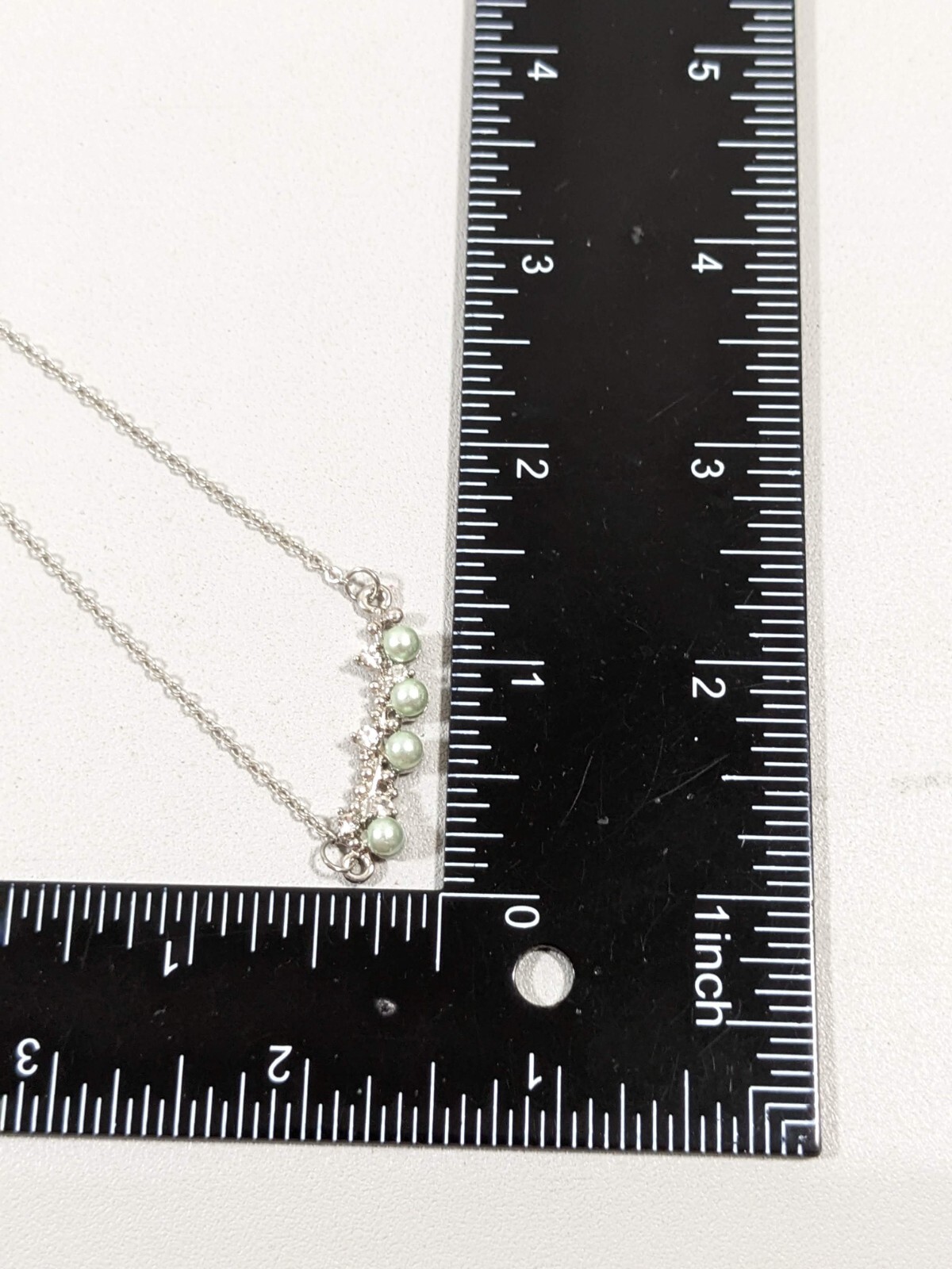 Silver Tone Green Faux Pearl Crystal Bar Pendant Necklace 19 inches