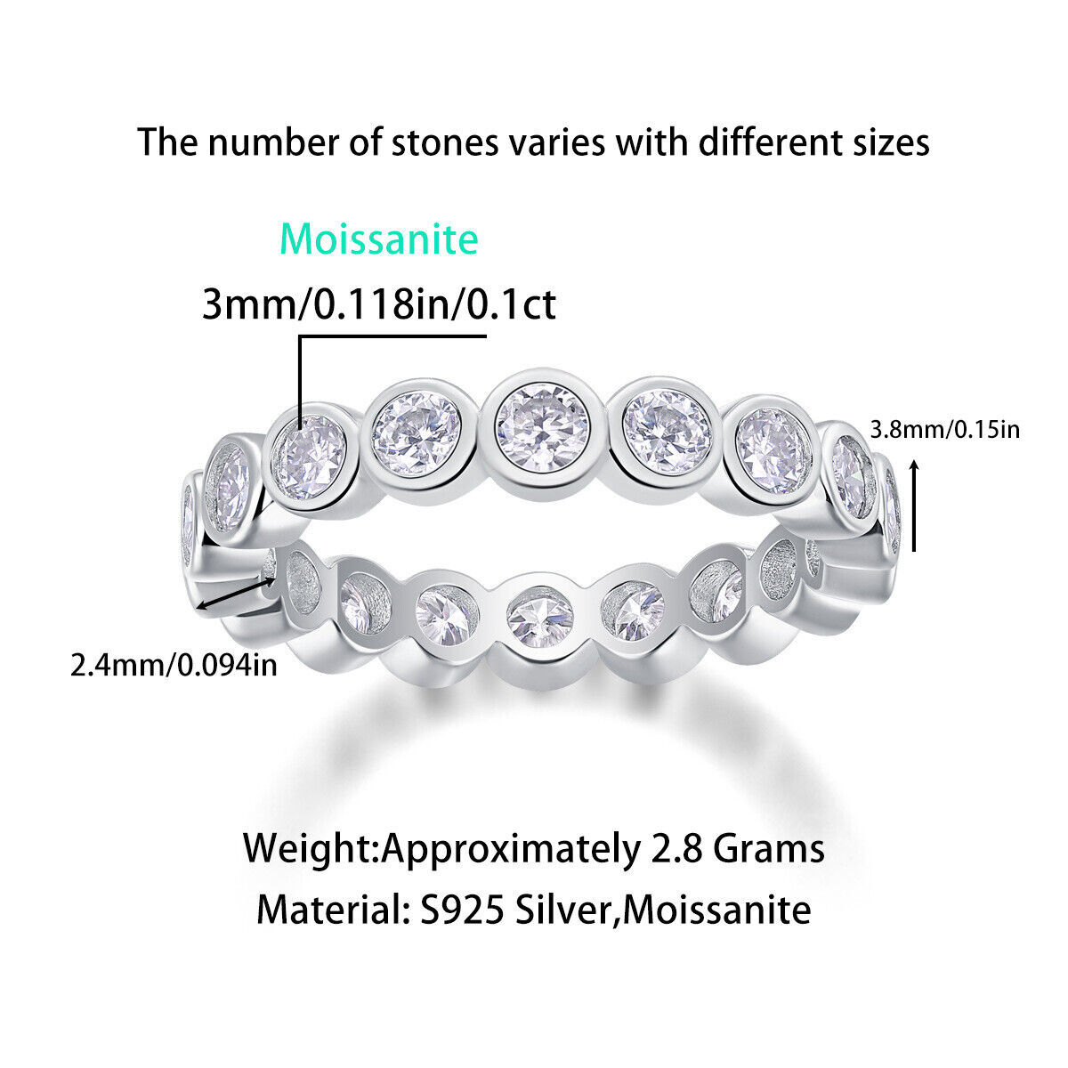 Round Cut Moissanite Eternity Band Wedding Ring for Women 925 Sterling Silver